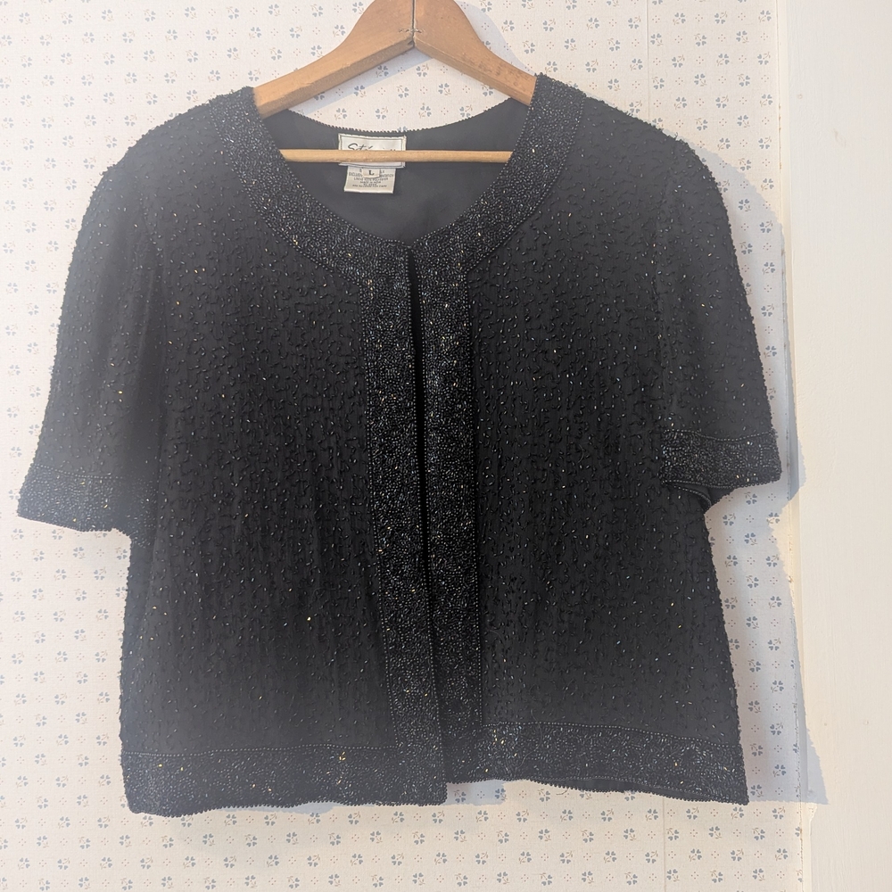 🖤 Stenay L Silk Vintage Black Beaded Cover Up Top Gorgeous sweater